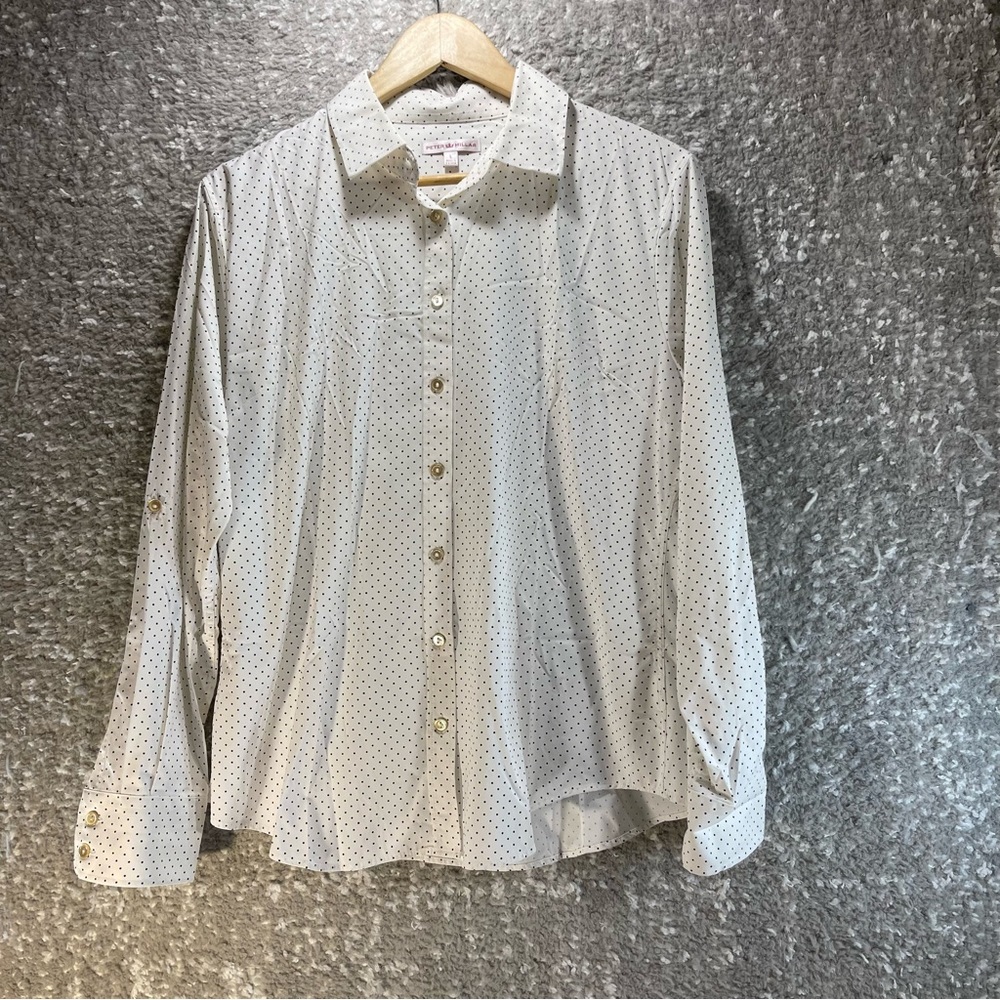 Peter Millar‎ Women’s Roll Tab Sleeve Button-Up Shirt White Polka Dot L Nylon